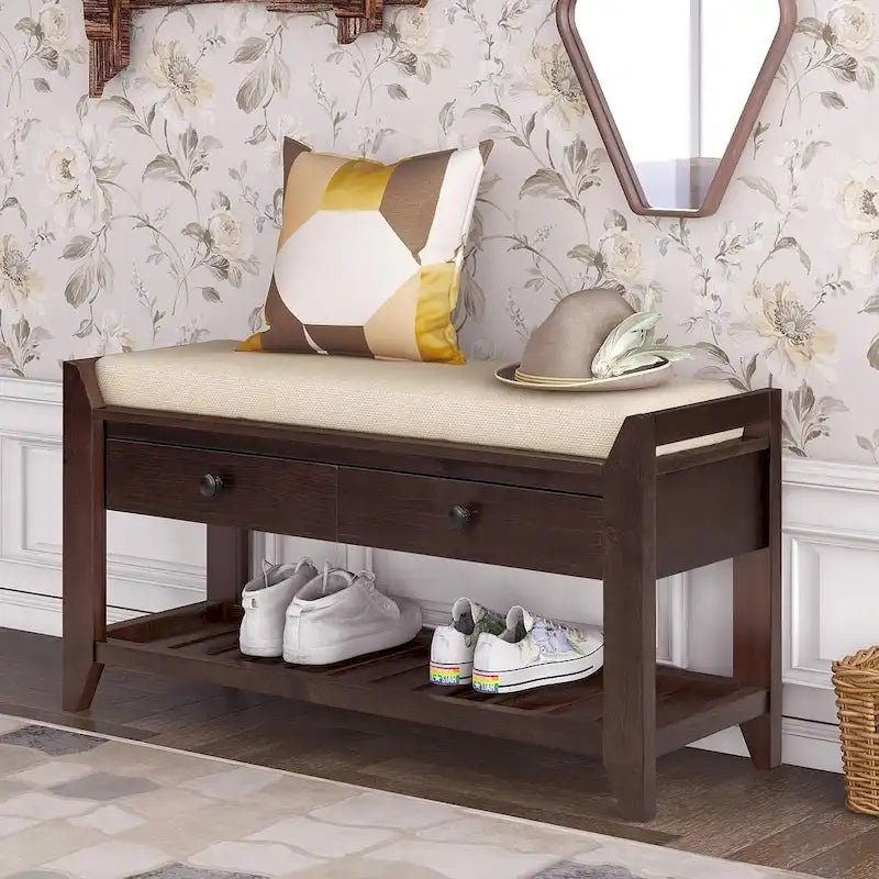 Multifunctional upholstered storage bench with two drawers and a shoe rack.