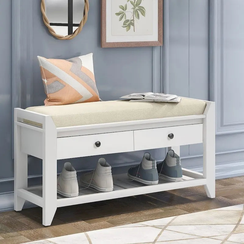 Multifunctional upholstered storage bench with two drawers and a shoe rack.