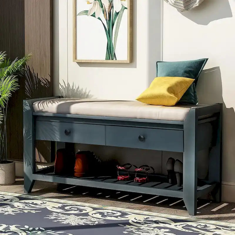 Multifunctional upholstered storage bench with two drawers and a shoe rack.