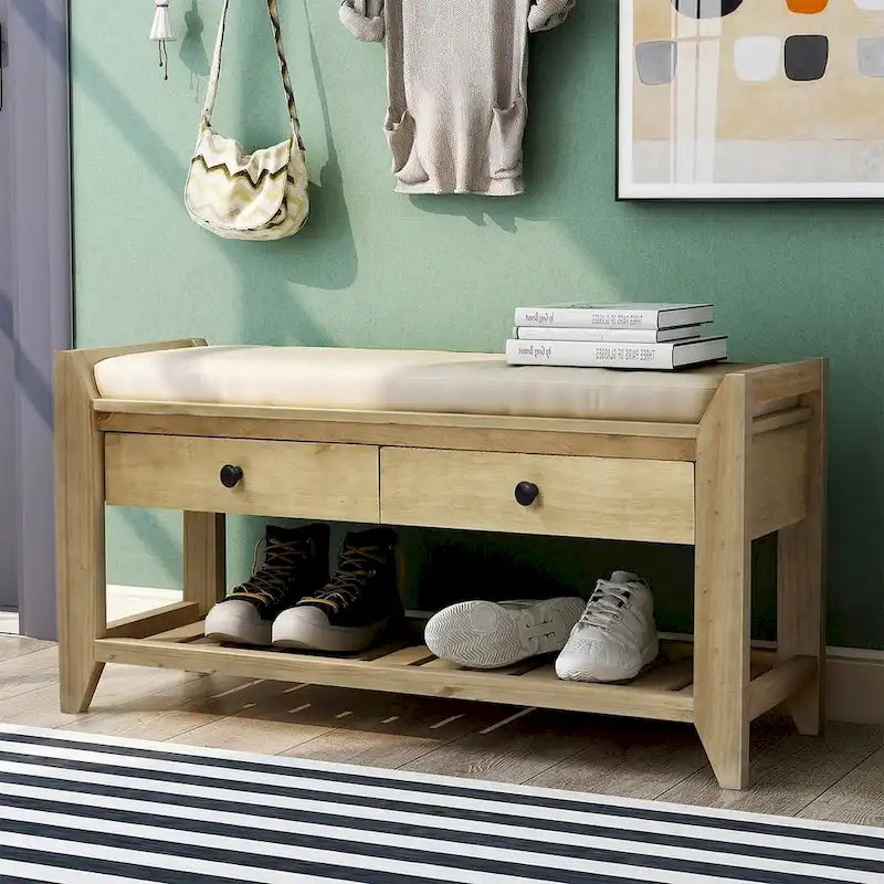 Multifunctional upholstered storage bench with two drawers and a shoe rack.