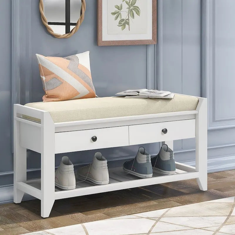 Multifunctional upholstered storage bench with two drawers and a shoe rack.
