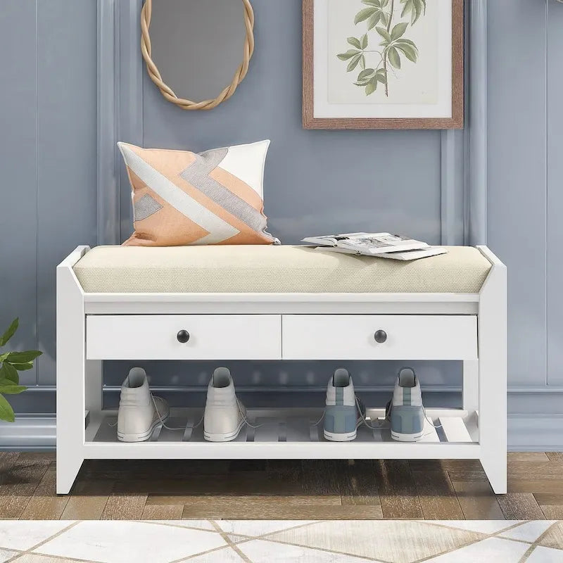 Multifunctional upholstered storage bench with two drawers and a shoe rack.