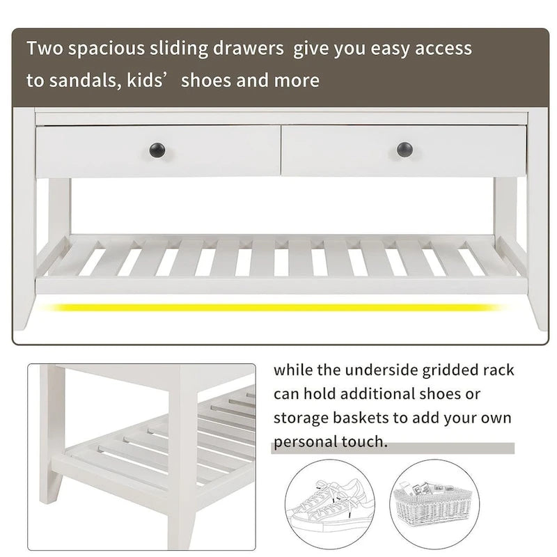 Multifunctional upholstered storage bench with two drawers and a shoe rack.