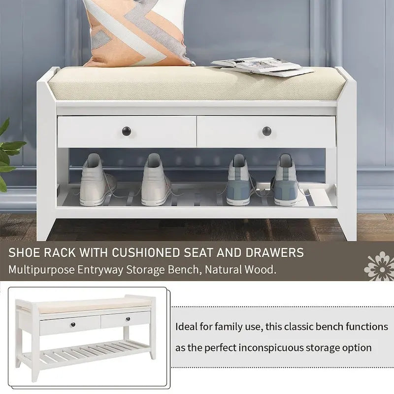 Multifunctional upholstered storage bench with two drawers and a shoe rack.
