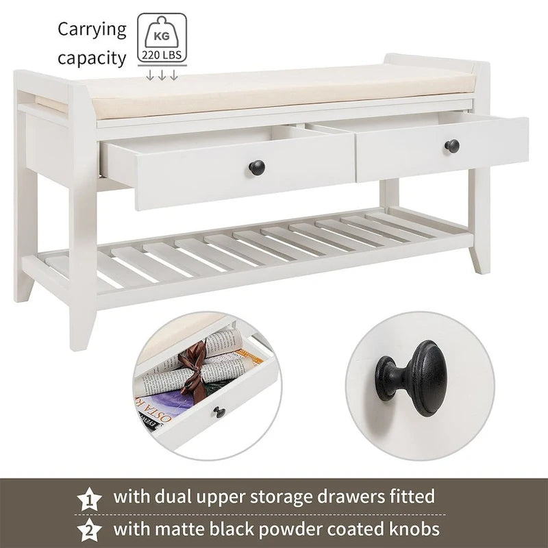 Multifunctional upholstered storage bench with two drawers and a shoe rack.