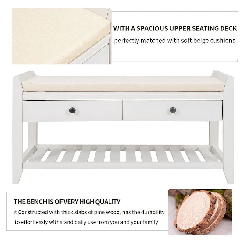 Multifunctional upholstered storage bench with two drawers and a shoe rack.