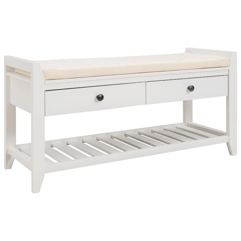 Multifunctional upholstered storage bench with two drawers and a shoe rack.