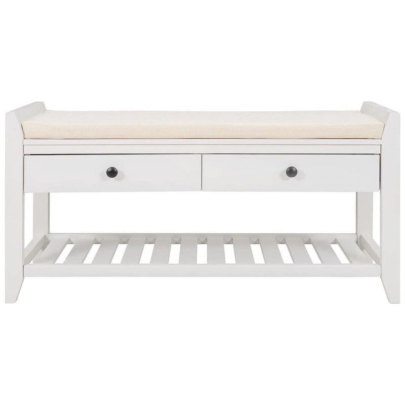 Multifunctional upholstered storage bench with two drawers and a shoe rack.