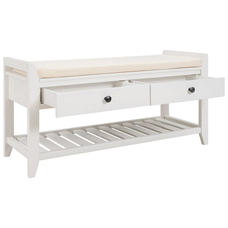 Multifunctional upholstered storage bench with two drawers and a shoe rack.