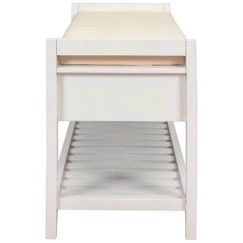 Multifunctional upholstered storage bench with two drawers and a shoe rack.