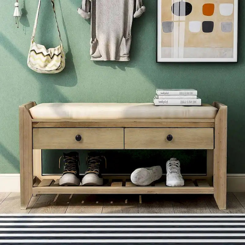 Multifunctional upholstered storage bench with two drawers and a shoe rack.