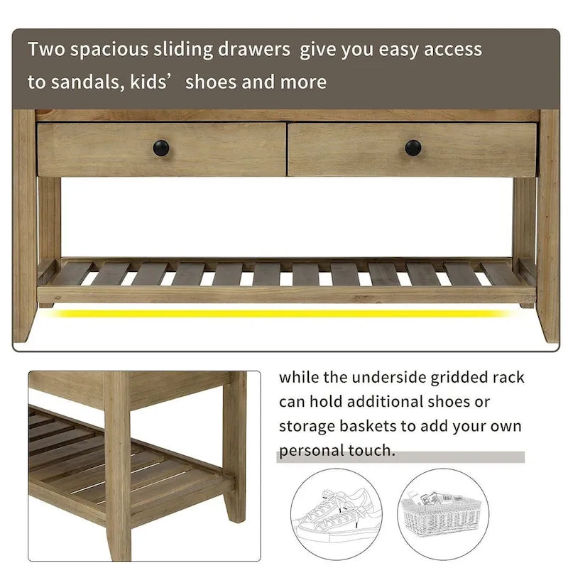 Multifunctional upholstered storage bench with two drawers and a shoe rack.