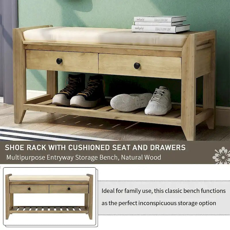 Multifunctional upholstered storage bench with two drawers and a shoe rack.