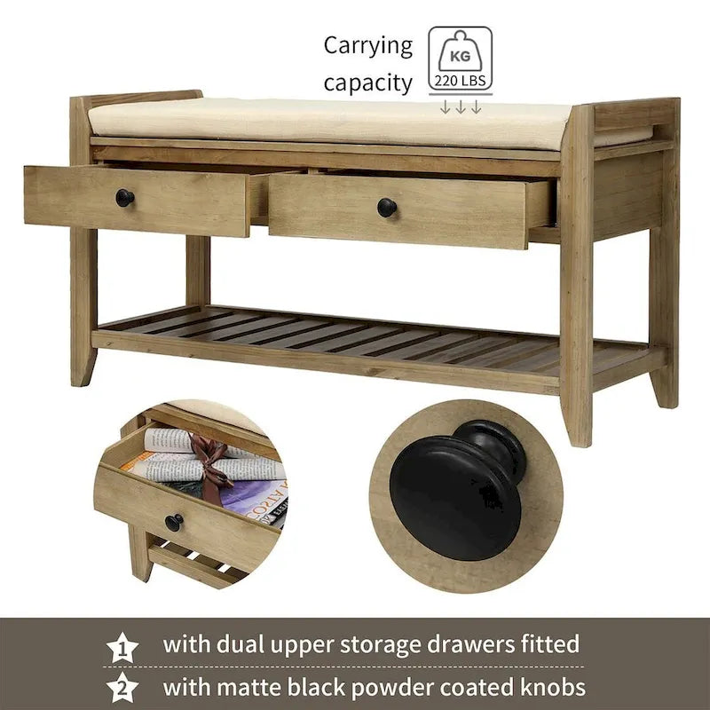 Multifunctional upholstered storage bench with two drawers and a shoe rack.