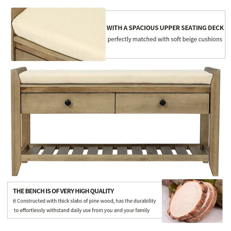 Multifunctional upholstered storage bench with two drawers and a shoe rack.