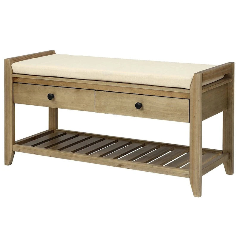 Multifunctional upholstered storage bench with two drawers and a shoe rack.