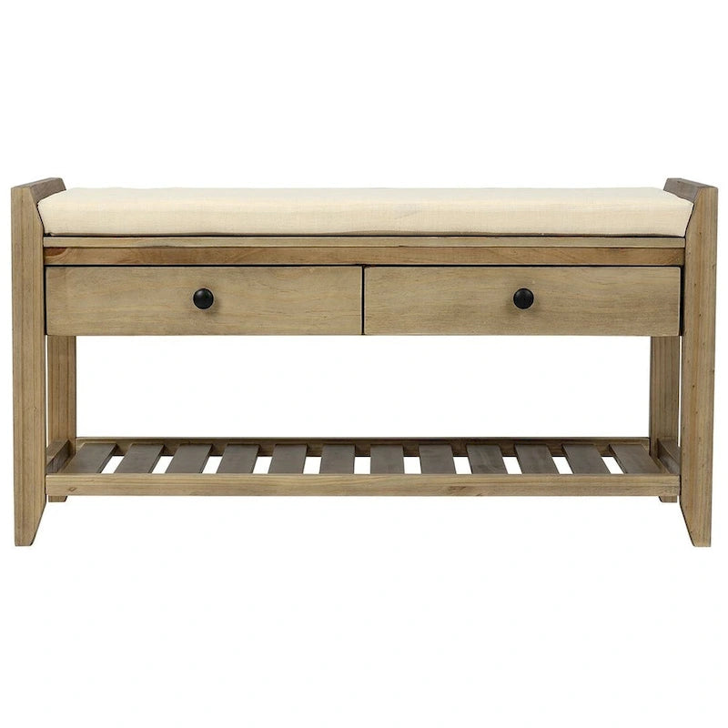Multifunctional upholstered storage bench with two drawers and a shoe rack.