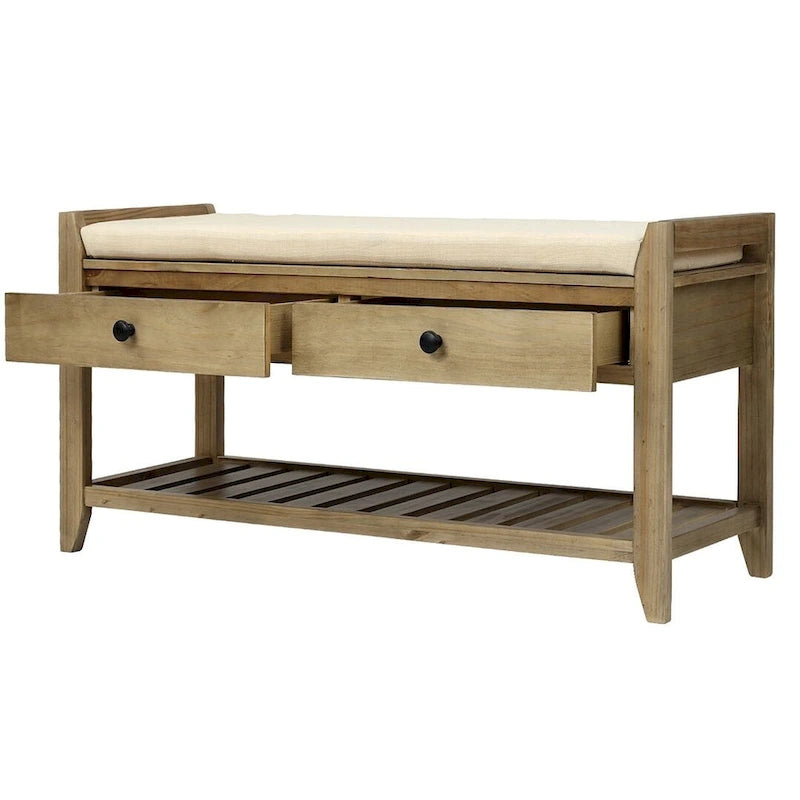 Multifunctional upholstered storage bench with two drawers and a shoe rack.