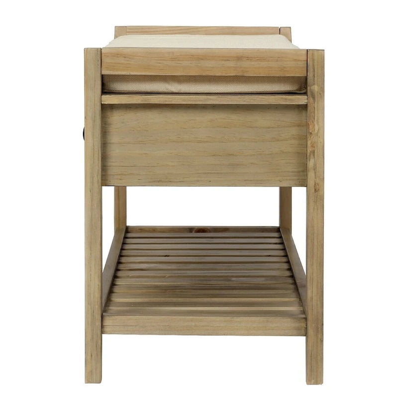 Multifunctional upholstered storage bench with two drawers and a shoe rack.