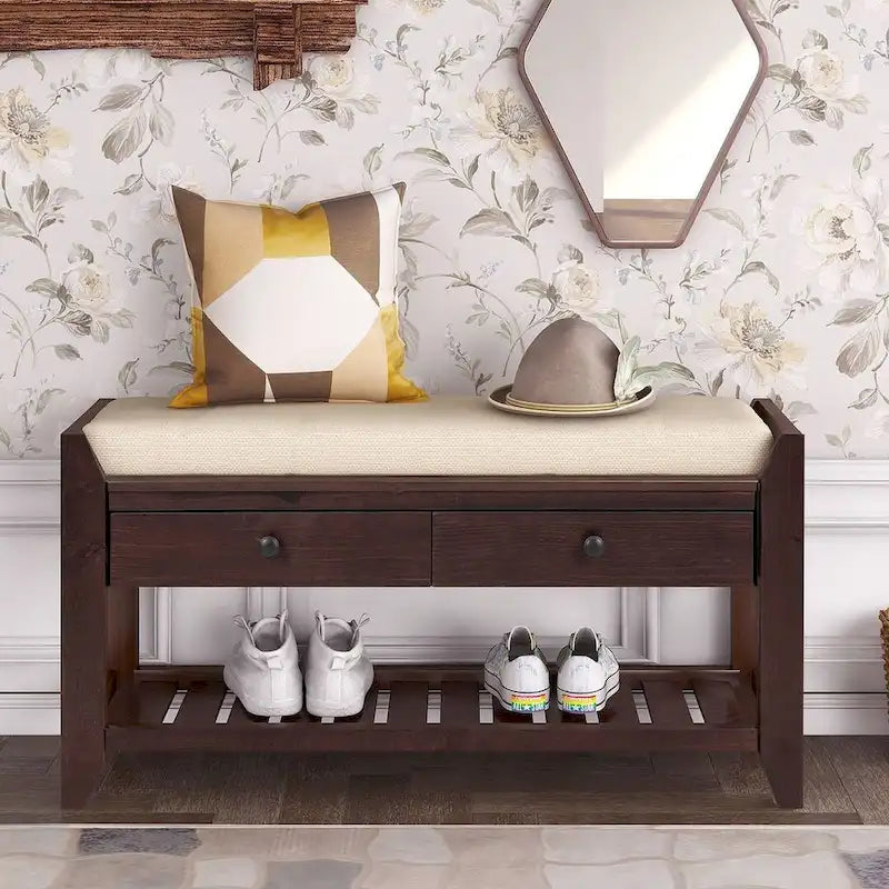 Multifunctional upholstered storage bench with two drawers and a shoe rack.