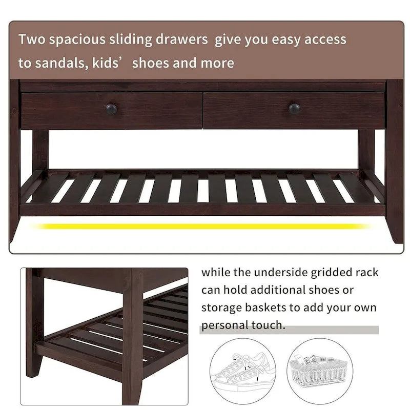 Multifunctional upholstered storage bench with two drawers and a shoe rack.