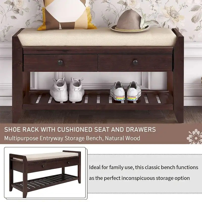 Multifunctional upholstered storage bench with two drawers and a shoe rack.