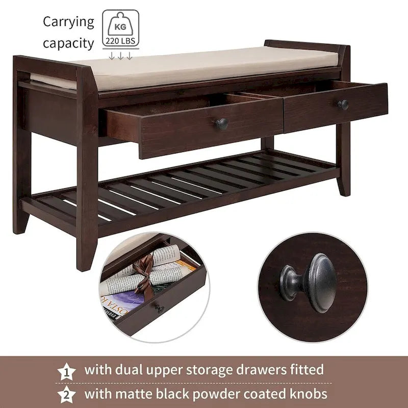 Multifunctional upholstered storage bench with two drawers and a shoe rack.