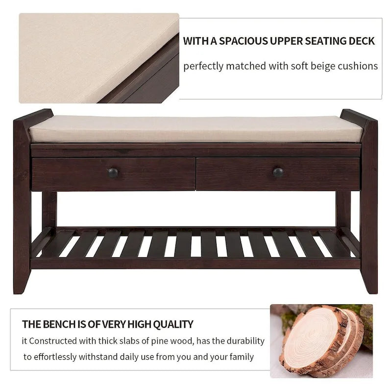 Multifunctional upholstered storage bench with two drawers and a shoe rack.
