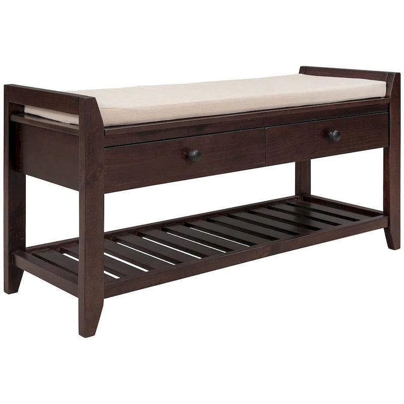 Multifunctional upholstered storage bench with two drawers and a shoe rack.