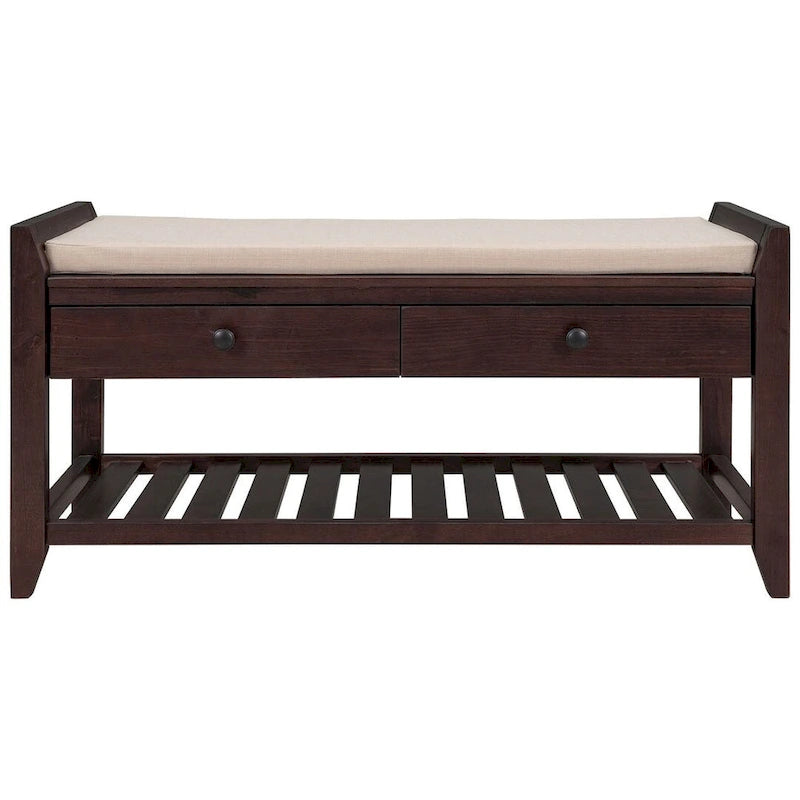 Multifunctional upholstered storage bench with two drawers and a shoe rack.