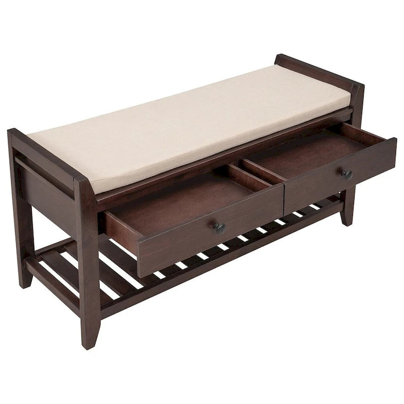 Multifunctional upholstered storage bench with two drawers and a shoe rack.