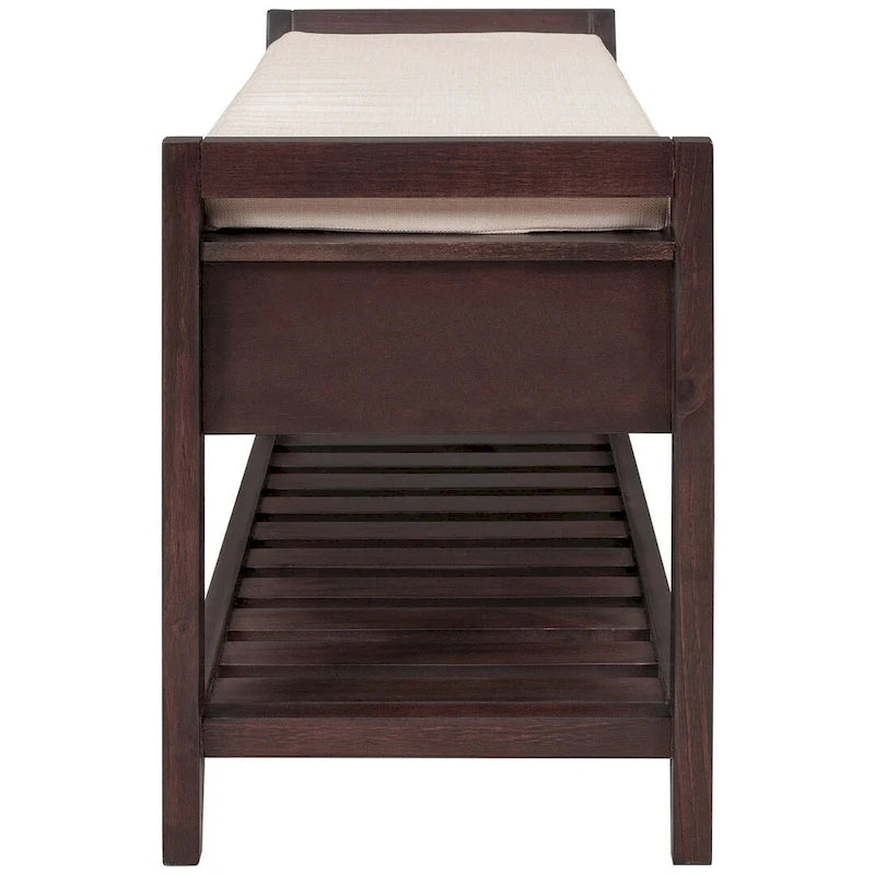 Multifunctional upholstered storage bench with two drawers and a shoe rack.