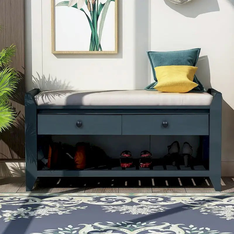Multifunctional upholstered storage bench with two drawers and a shoe rack.