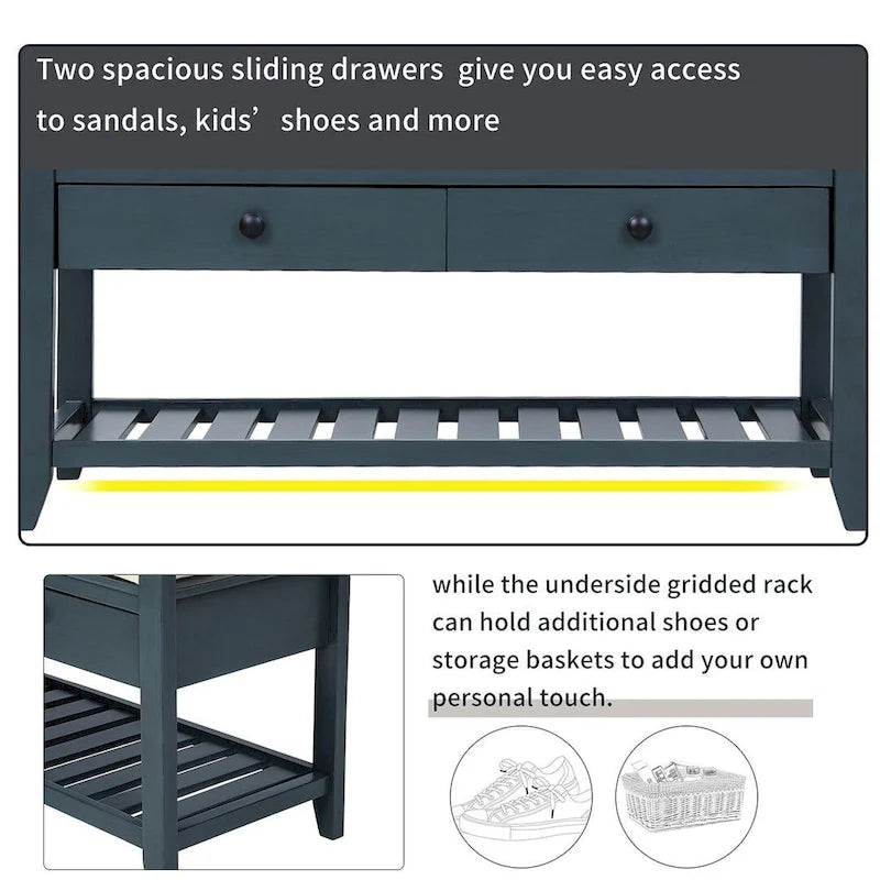 Multifunctional upholstered storage bench with two drawers and a shoe rack.