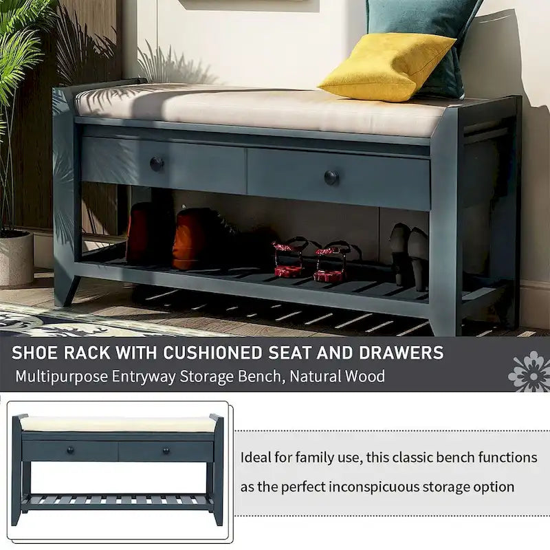 Multifunctional upholstered storage bench with two drawers and a shoe rack.