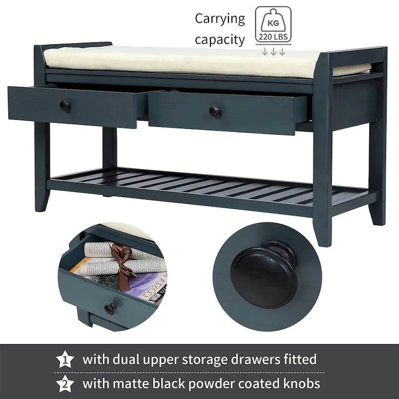 Multifunctional upholstered storage bench with two drawers and a shoe rack.