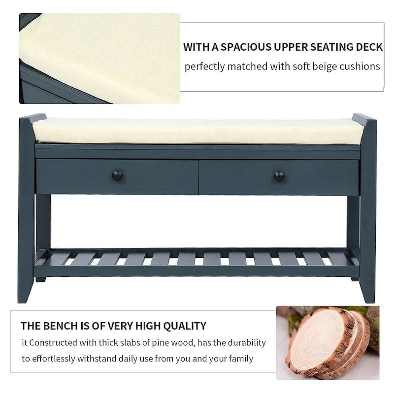 Multifunctional upholstered storage bench with two drawers and a shoe rack.