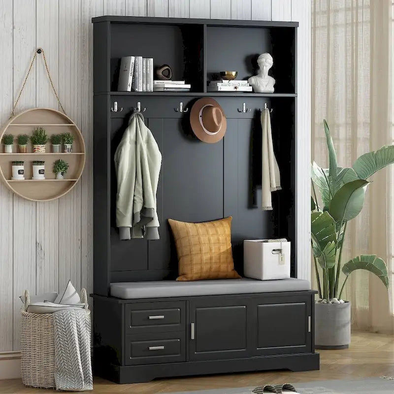 Hall Tree with Sliding Door Bench Cushion Silver Handle Storage Cabinet