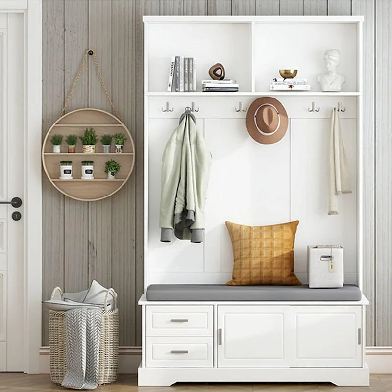 Hall Tree with Sliding Door Bench Cushion Silver Handle Storage Cabinet