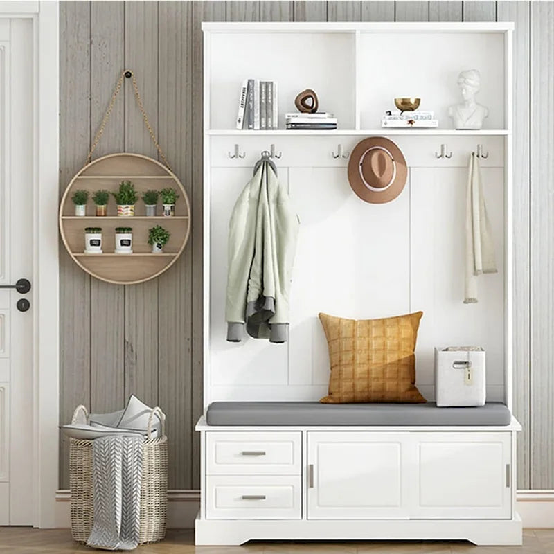 Hall Tree with Sliding Door Bench Cushion Silver Handle Storage Cabinet