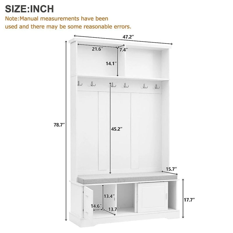 Hall Tree with Sliding Door Bench Cushion Silver Handle Storage Cabinet