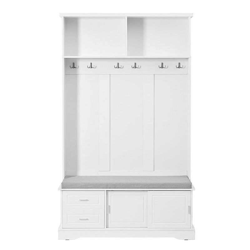 Hall Tree with Sliding Door Bench Cushion Silver Handle Storage Cabinet