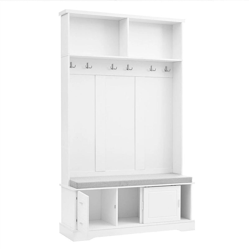 Hall Tree with Sliding Door Bench Cushion Silver Handle Storage Cabinet