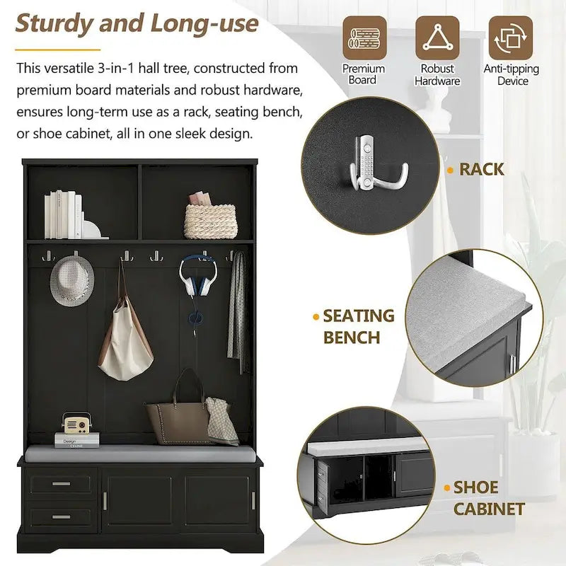 Hall Tree with Sliding Door Bench Cushion Silver Handle Storage Cabinet