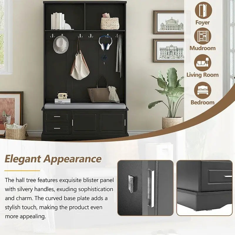 Hall Tree with Sliding Door Bench Cushion Silver Handle Storage Cabinet