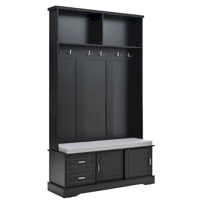Hall Tree with Sliding Door Bench Cushion Silver Handle Storage Cabinet