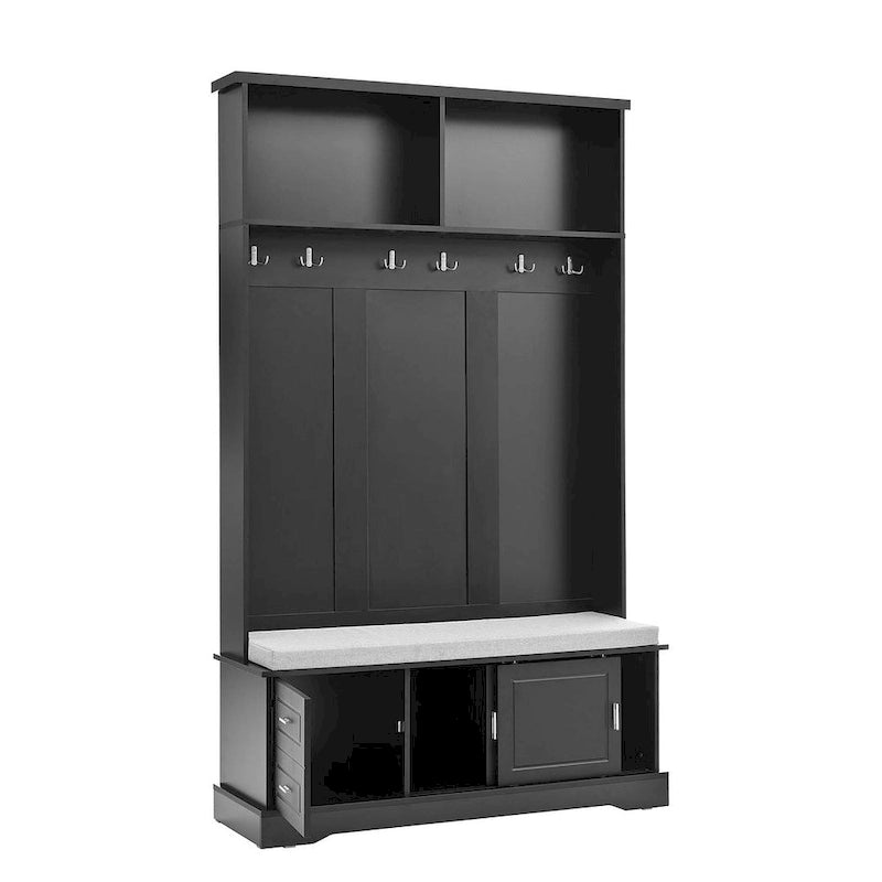 Hall Tree with Sliding Door Bench Cushion Silver Handle Storage Cabinet