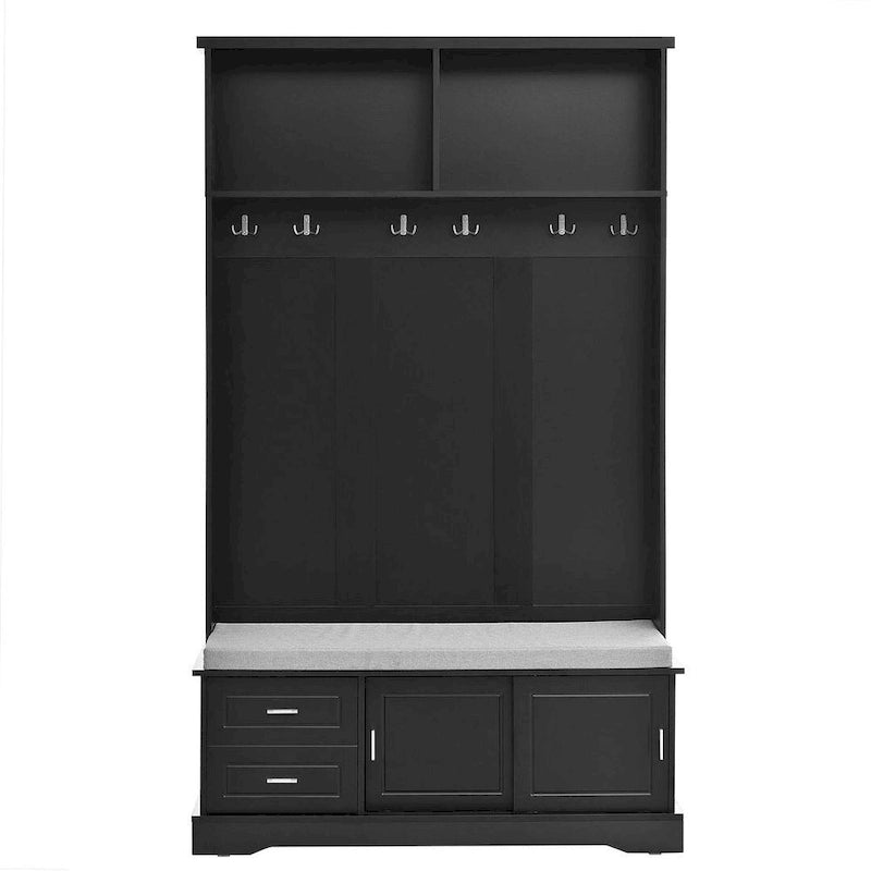 Hall Tree with Sliding Door Bench Cushion Silver Handle Storage Cabinet