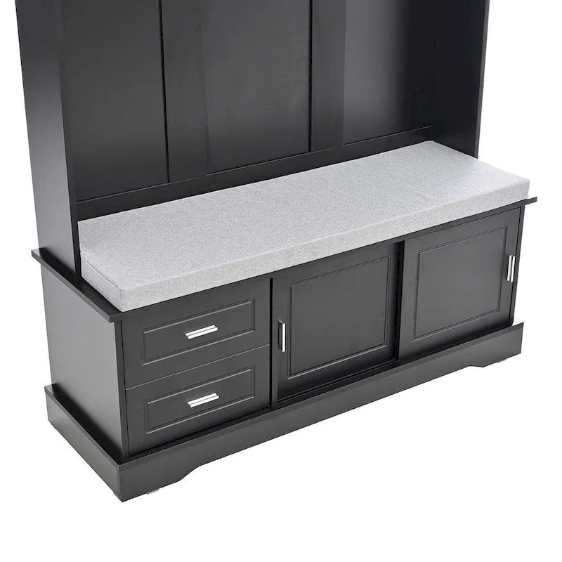 Hall Tree with Sliding Door Bench Cushion Silver Handle Storage Cabinet