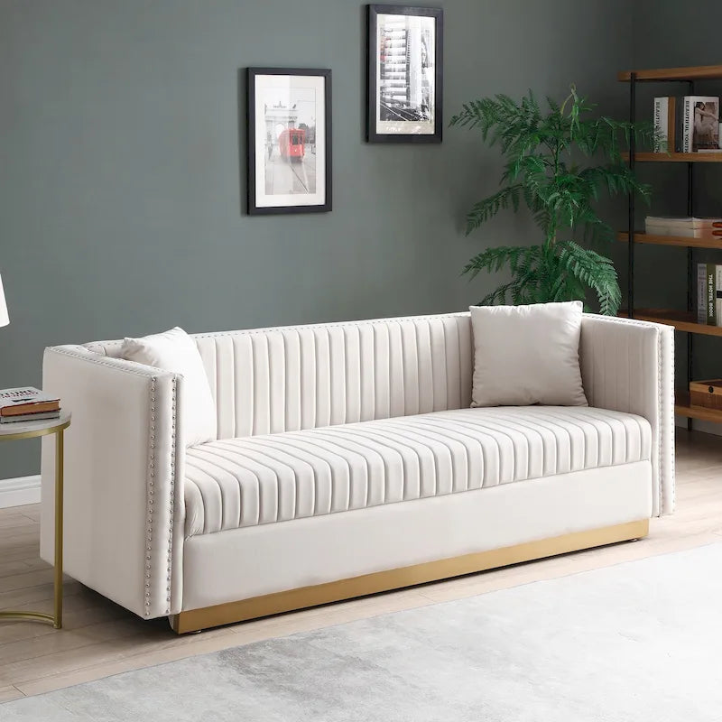 Contemporary Vertical Channel Tufted Velvet Sofa Modern Upholstered Couch for Living Room Apartment with 2 pillows